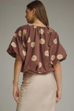 Brown Dot Print V-Neck Puff Sleeve Top