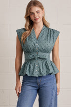 Olive Stripe Print V-Neck Sleeveless Top w/Tie Waist