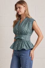 Olive Stripe Print V-Neck Sleeveless Top w/Tie Waist