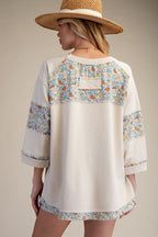 ECRU 3/4 SLVS PRINT TERRY MIX KNIT TOP