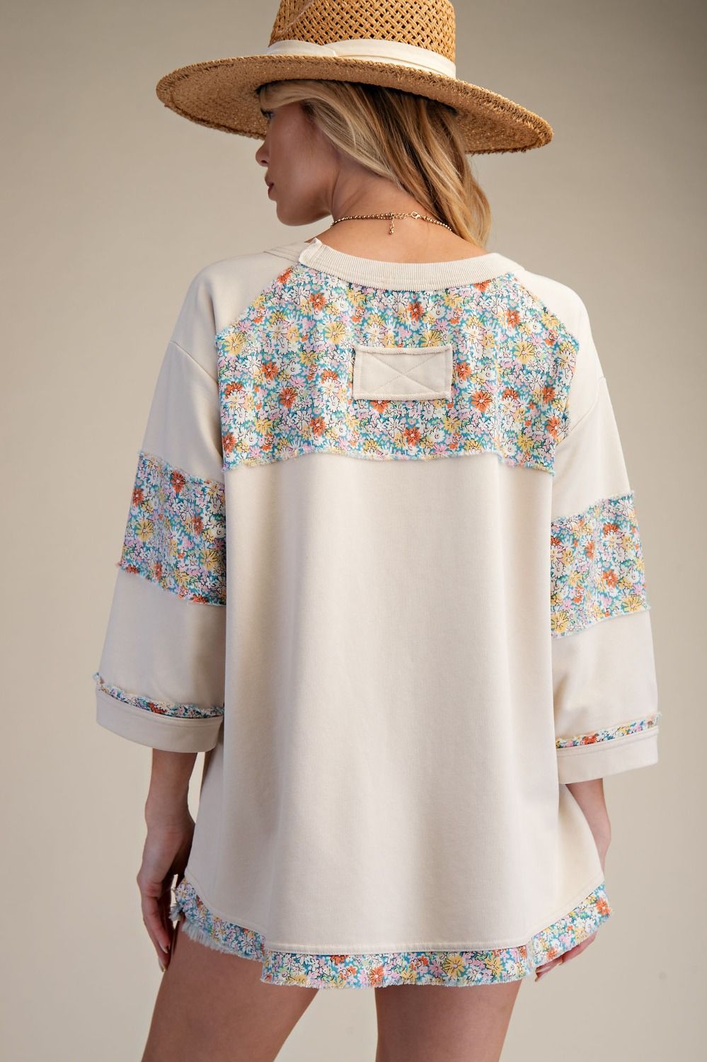 ECRU 3/4 SLVS PRINT TERRY MIX KNIT TOP