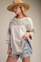 ECRU 3/4 SLVS PRINT TERRY MIX KNIT TOP