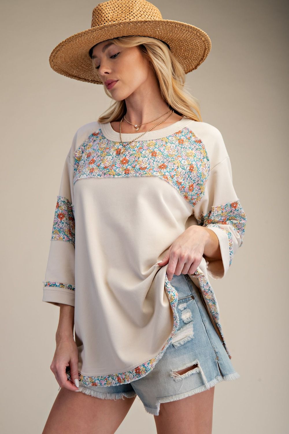 ECRU 3/4 SLVS PRINT TERRY MIX KNIT TOP