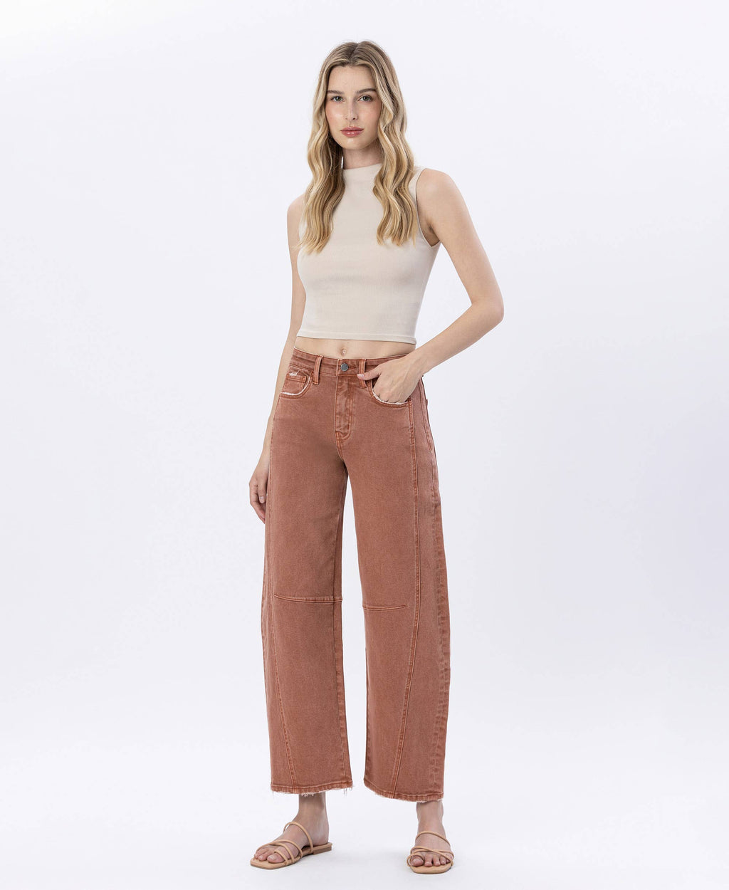 HIGH RISE TWIST BARREL JEANS: COPPER /Flying monkey