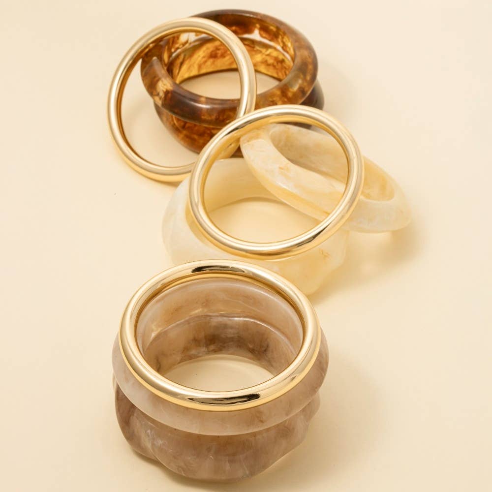 Metallic Tube And Wide Marble Resin Bangle Bracelet Set: KA