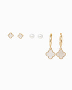 Mother of Pearl Clover Earring Set, Set of 3: White