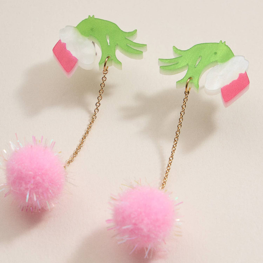 Christmas Green Monster Hand & Pom-Pom Dangling Earrings: Pink / One / 4SE31114