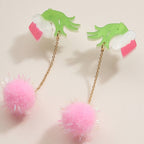 Christmas Green Monster Hand & Pom-Pom Dangling Earrings: Pink / One / 4SE31114
