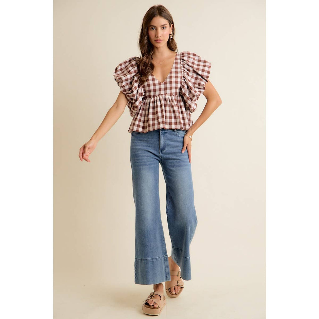 BROWN GINGHAM BUBBLE SLEEVES BACK SMOCKED BLOUSE TOP