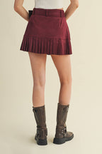 SUEDE PLEATED TIERED MINI SKIRT: CAMEL