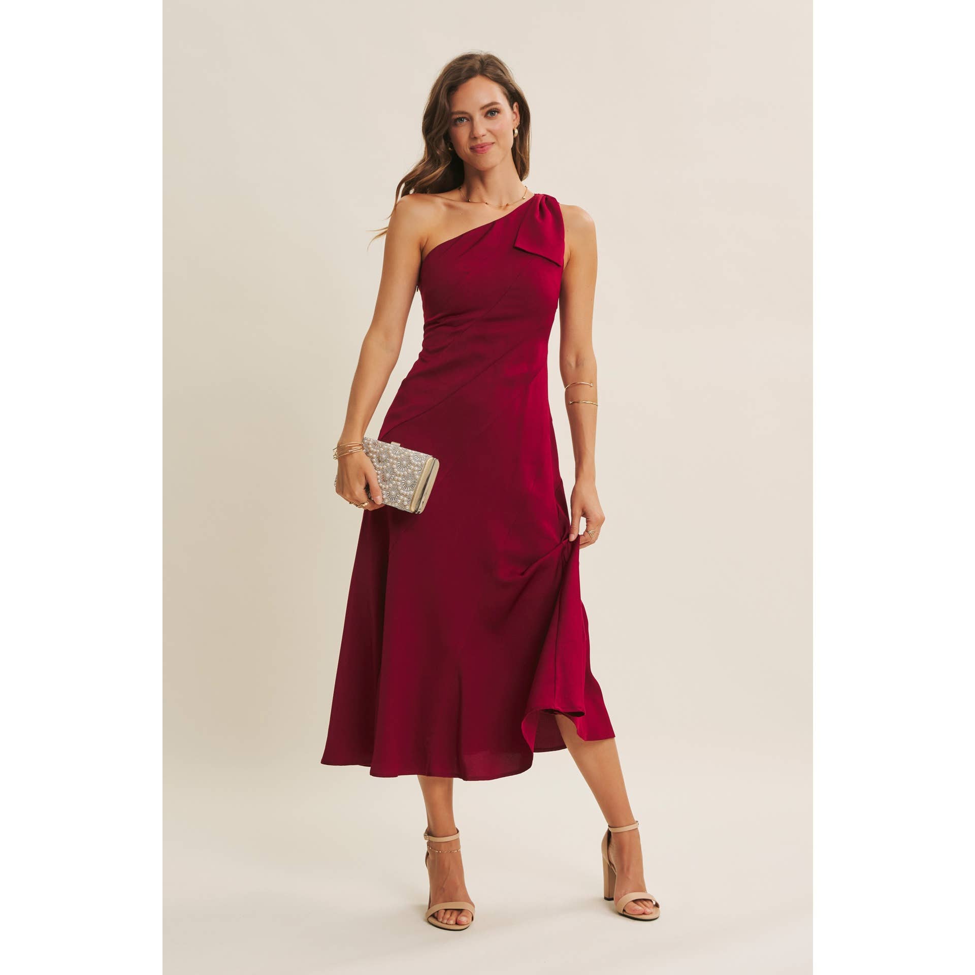 BURGUNDY HOLIDAY GLAM ONE-SHOULDER MIDI DRESS WITH SLANTED SEAMWORK