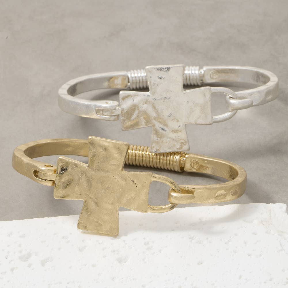 Gold Hammered Cross Hinge Bangle Bracelet