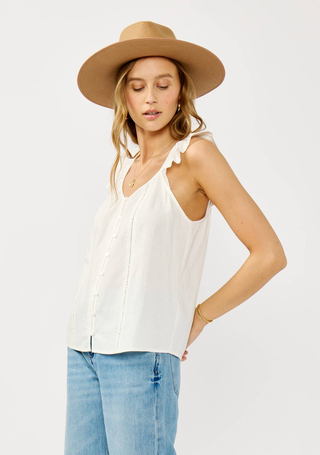 Ladder Lace Ruffle Sleeve Top: White