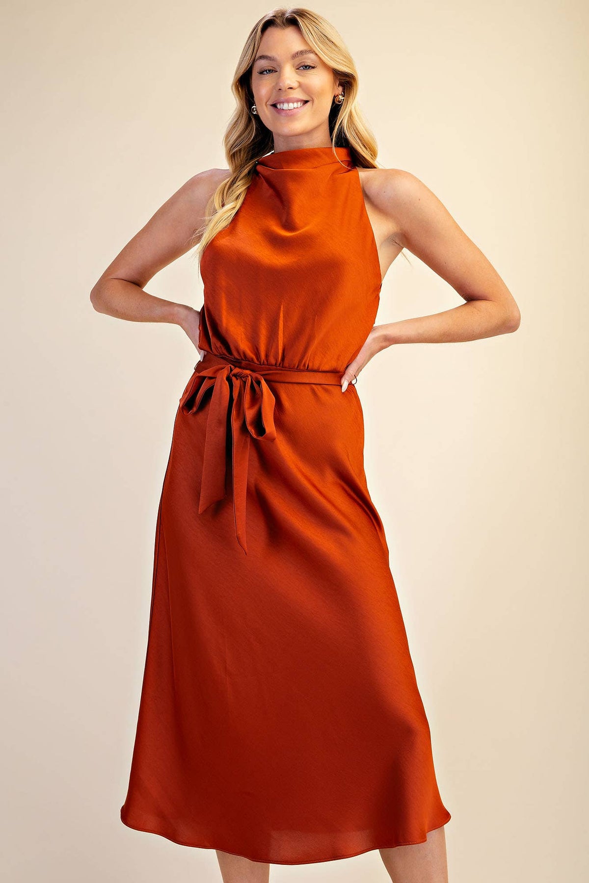 RUST Cowl Neck Sleeveless Waist Tie Midi Dress