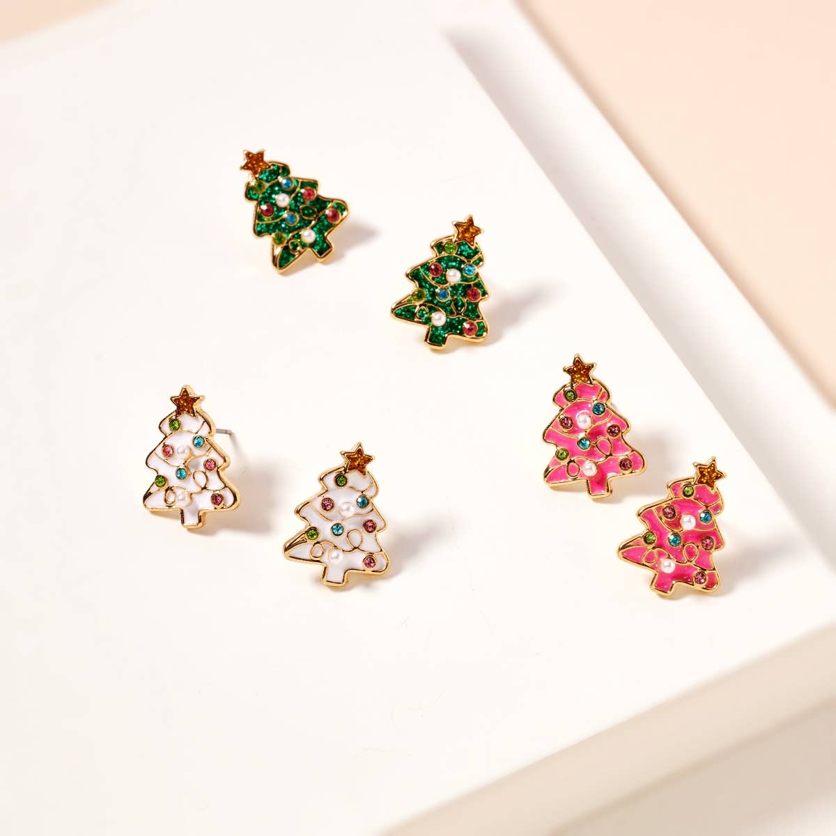 Christmas Tree Enamel Stud Earrings: Pink