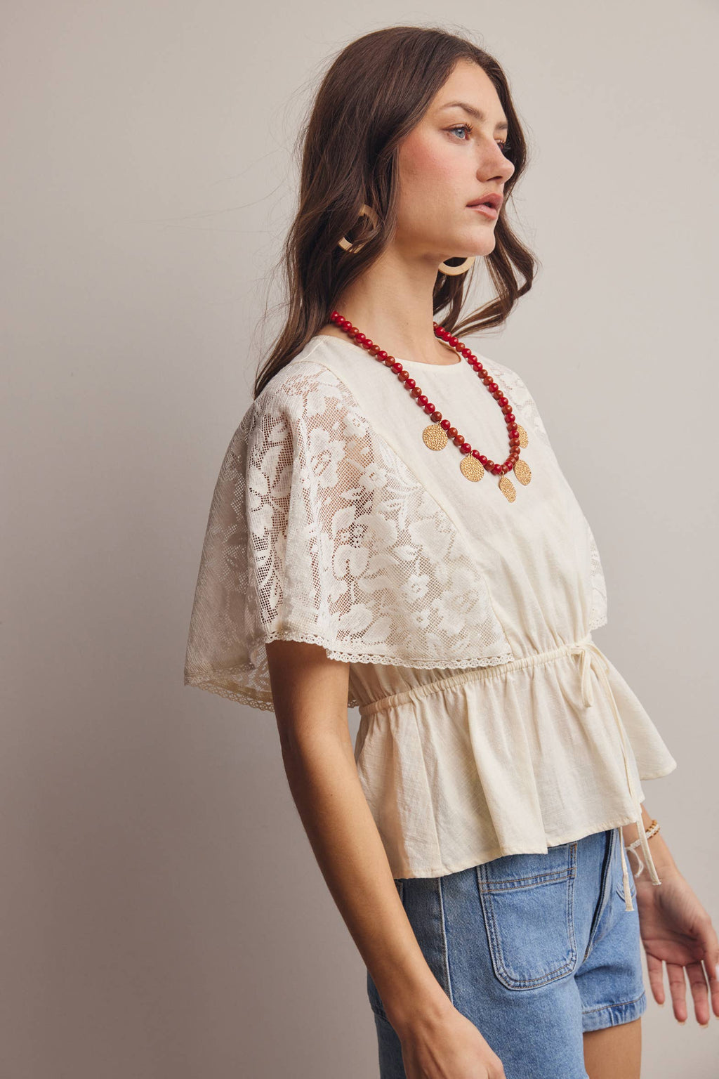 ASH Lace Cape Sleeve Cotton Peplum Top