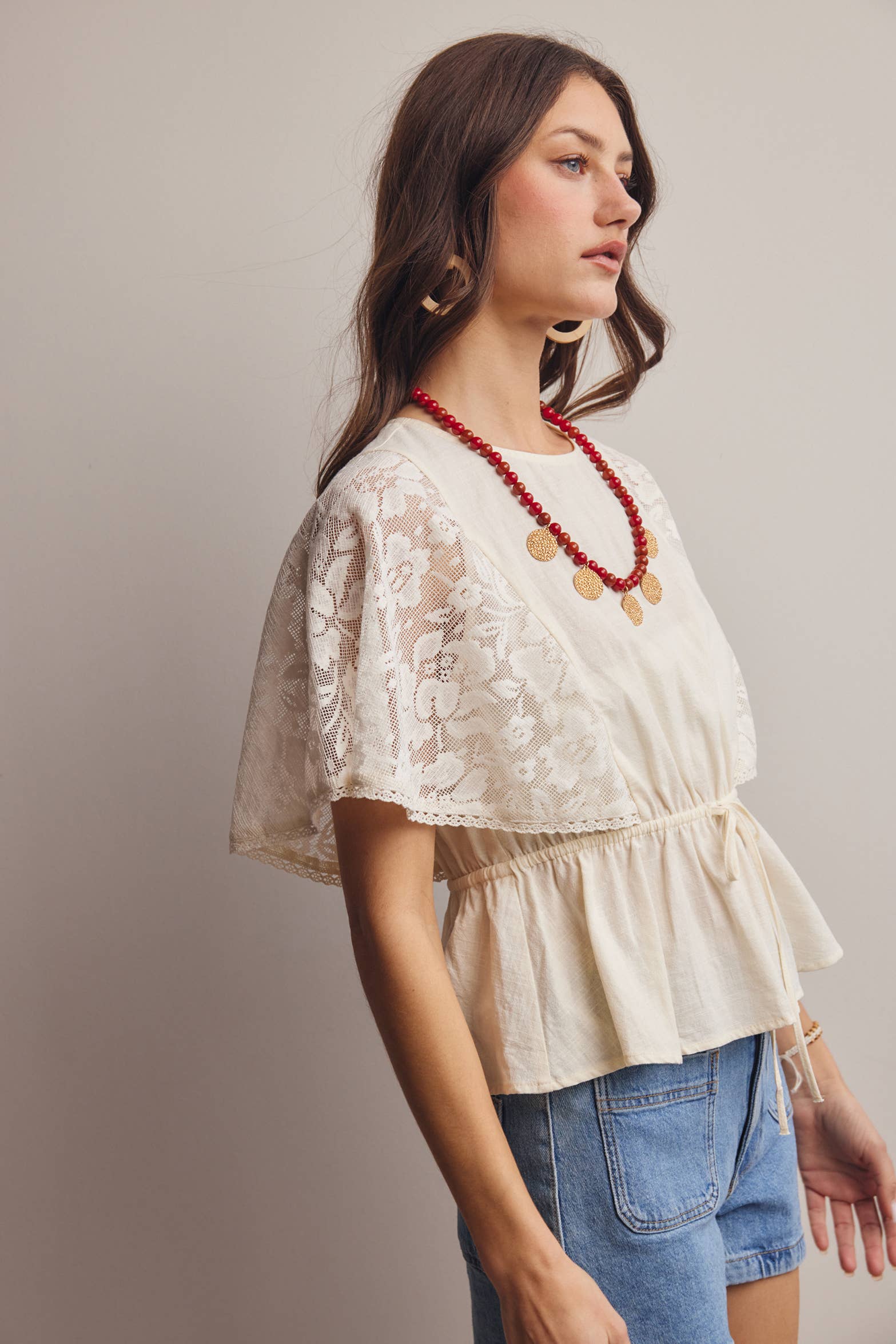 ASH Lace Cape Sleeve Cotton Peplum Top