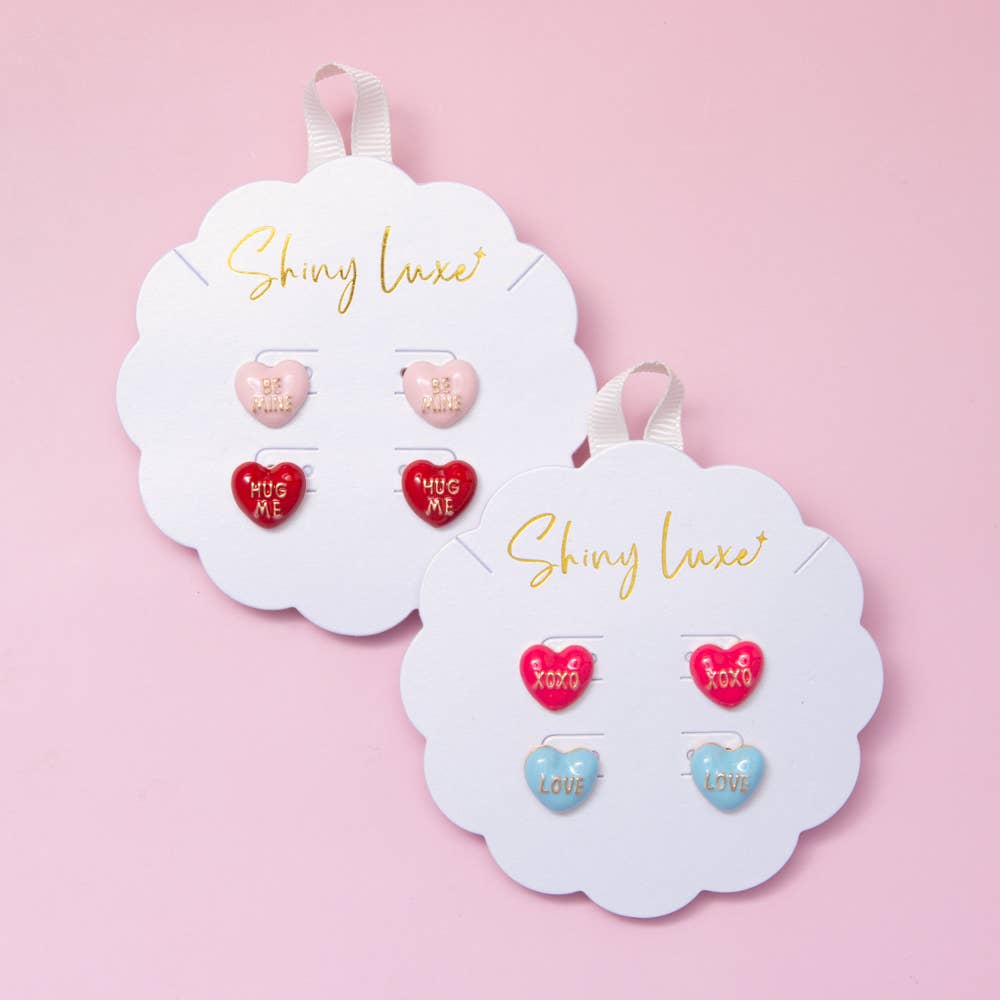 Colorful Enamel Love and XOXO Heart Stud Earring Set: Pink Red