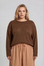 BROWN PLUS TEXTURED RAW EDGE LONG SLEEVE KNIT SWEATER