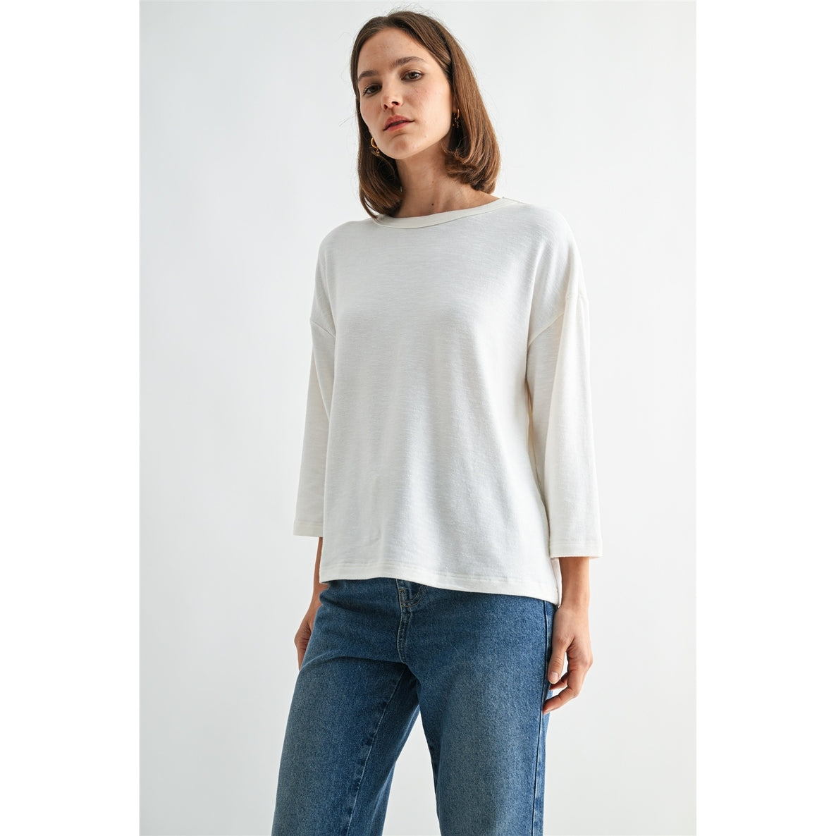 WHITE Knit Drop Shoulder Loose Fit Top