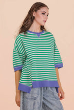 Kelly Green/Cream Oversized Stripe Casual Knit Top