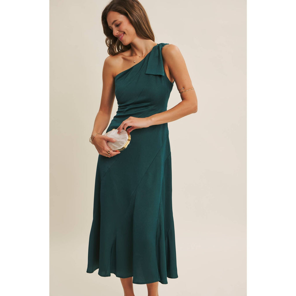 BURGUNDY HOLIDAY GLAM ONE-SHOULDER MIDI DRESS WITH SLANTED SEAMWORK