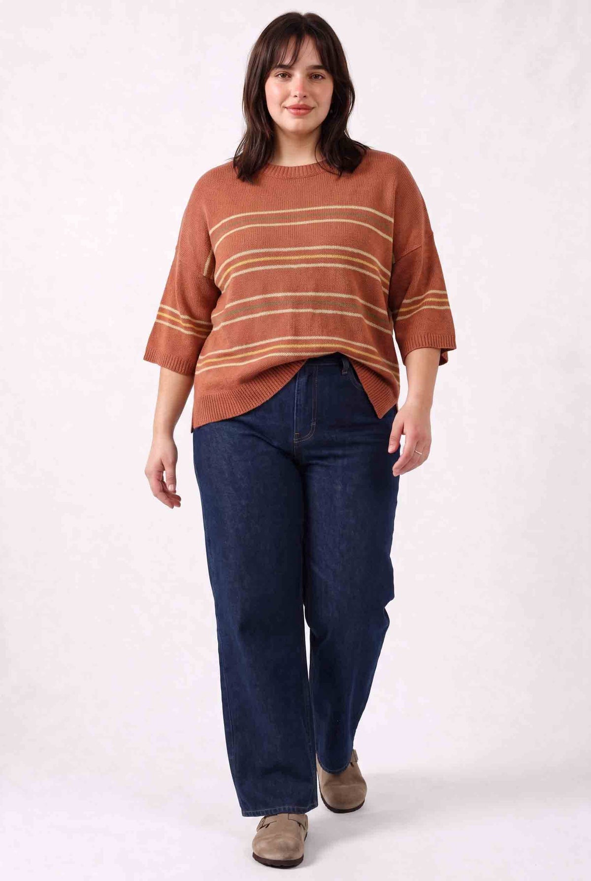 [PLUS] RUST OVER SIZED DROP SHOULDER STRIPED SWEATER