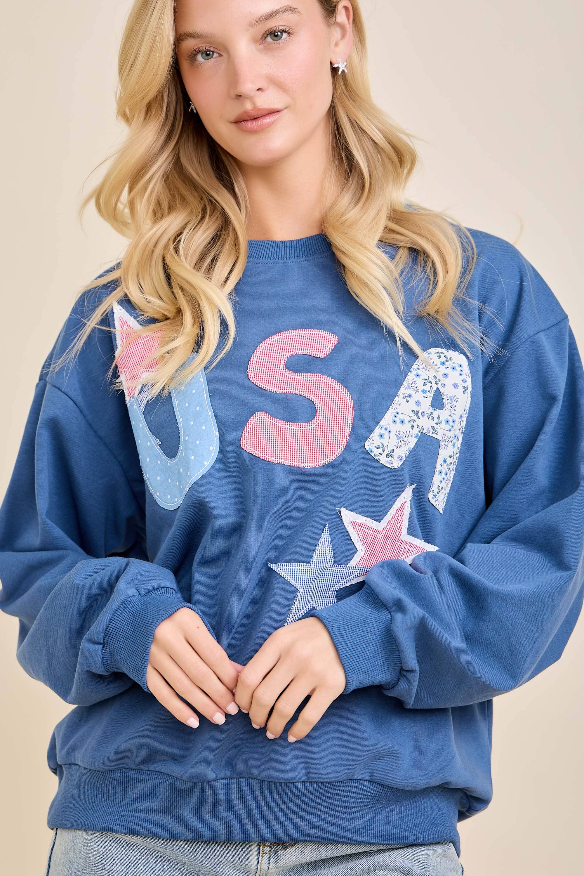 USA Patchwork Star Graphic Sweatshirt: NAVY