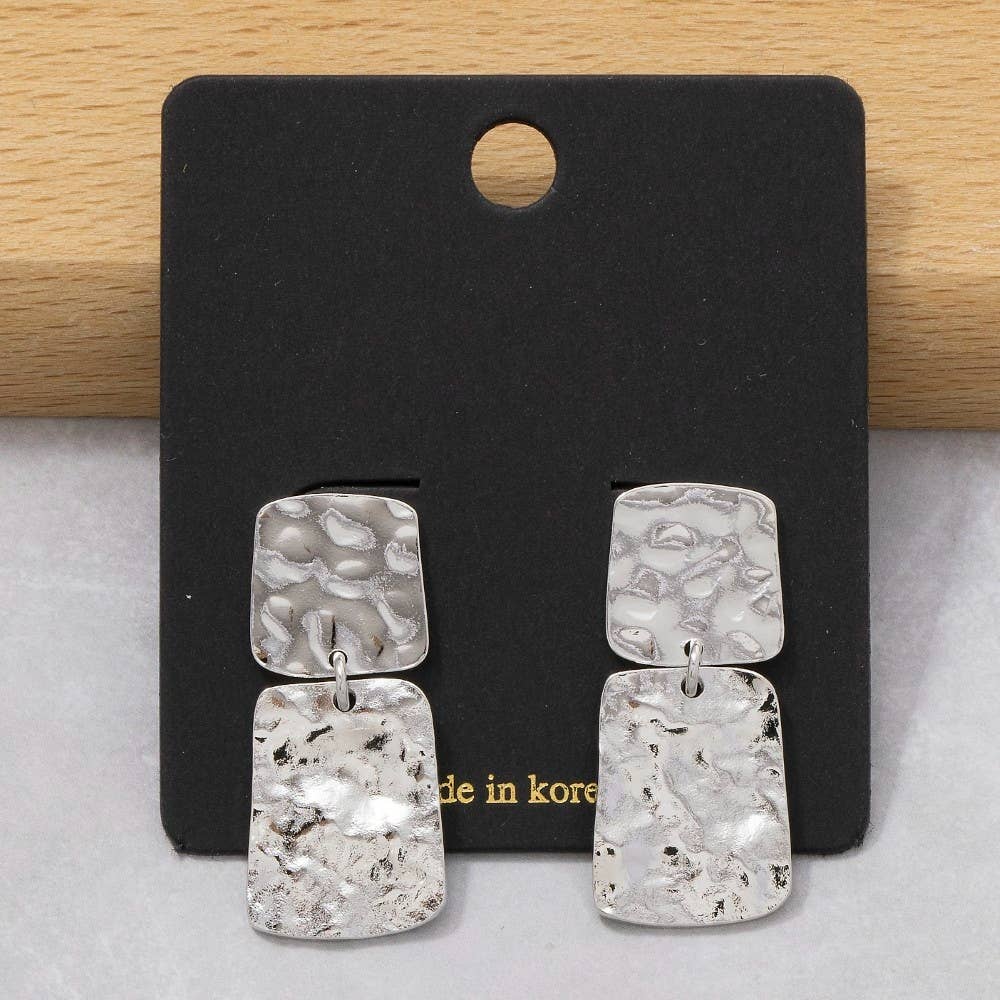 Silver Flat Hammered Squares Stud Dangle Earrings