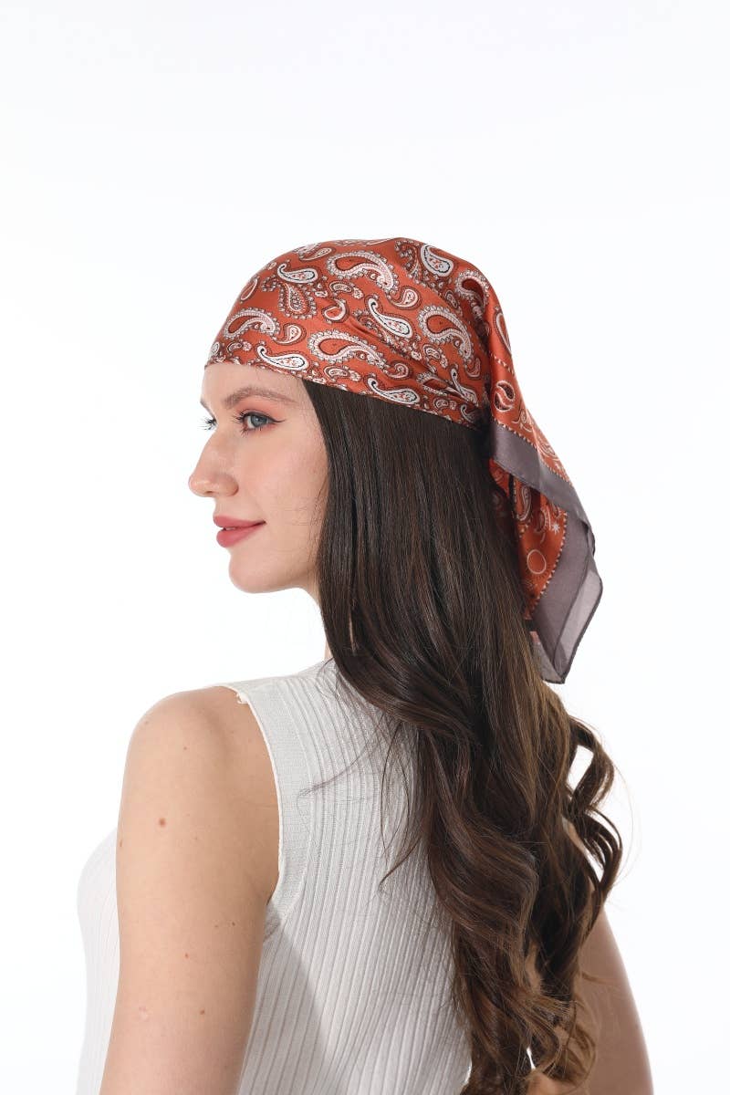 BURNT ORANGE Vintage Paisley Satin Square Scarf Multi-use Neck Bandana