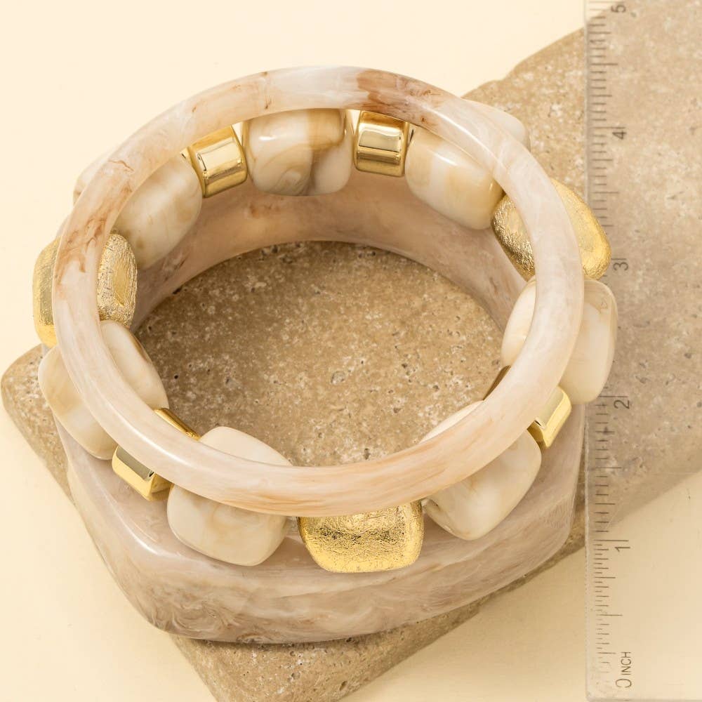 Mixed Square Resin Bangle And Beads Bracelet Set: KA
