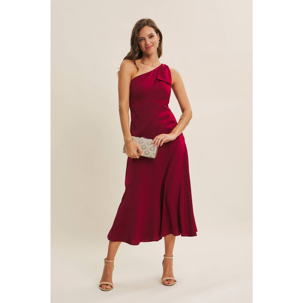 BURGUNDY HOLIDAY GLAM ONE-SHOULDER MIDI DRESS WITH SLANTED SEAMWORK