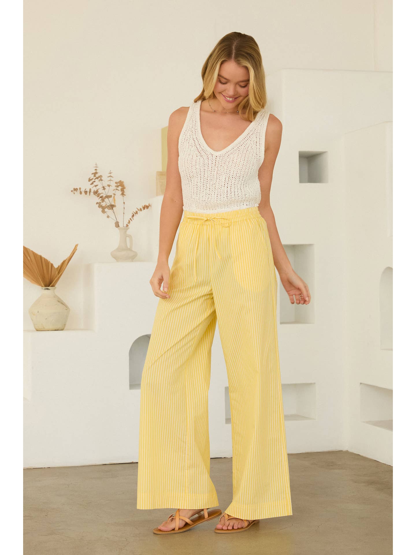 Yellow/White Stripe Double Waist Wide-Leg Pants