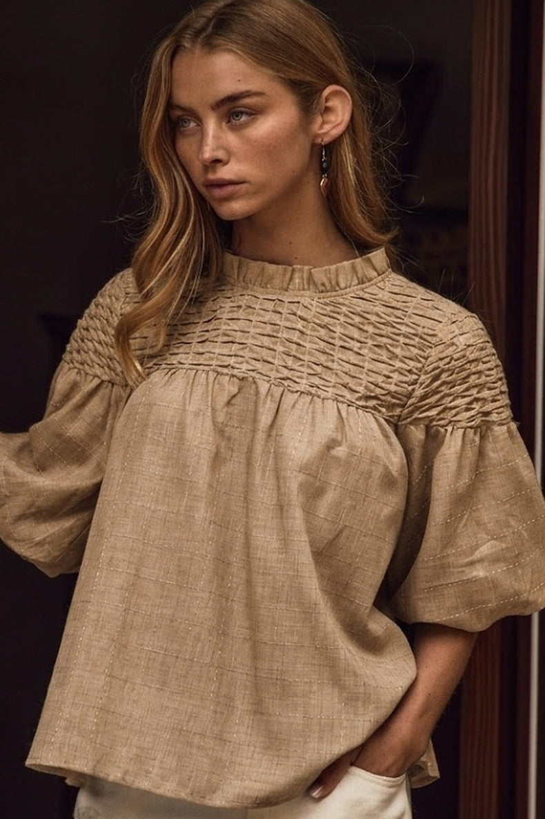 MOCHA BUBBLE SLEEVE BLOUSE W/SMOCKED MOCK NECKLINE