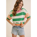 PLAYFUL SUMMER MULTI STRIPE COTTON SWEATER TOP: GREEN/ORANGE