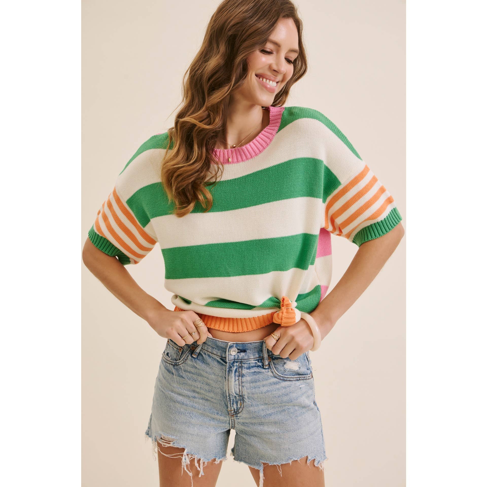 PLAYFUL SUMMER MULTI STRIPE COTTON SWEATER TOP: GREEN/ORANGE