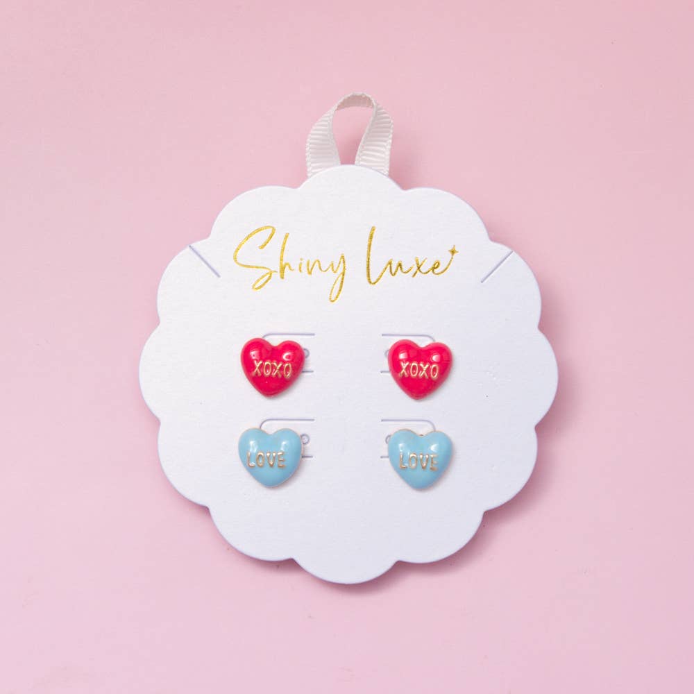 Colorful Enamel Love and XOXO Heart Stud Earring Set: Pink Red