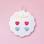 Colorful Enamel Love and XOXO Heart Stud Earring Set: Pink Red