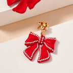 Christmas Bow Enamel Dangling Earrings: Red