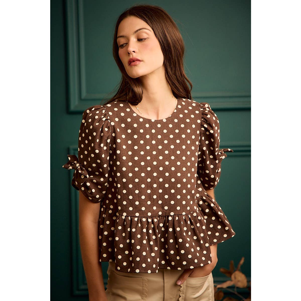 BROWN/IVORY POLKA DOT BOW DETAIL SHORT SLEEVES PEPLUM TOP