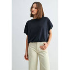 NAVY Ballon Sleeve Elastic Hem Knit Top