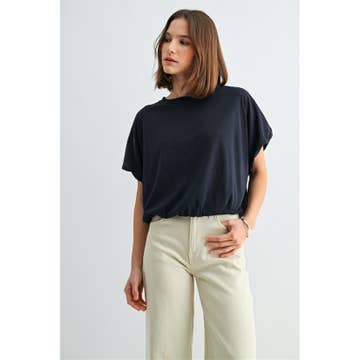 NAVY Ballon Sleeve Elastic Hem Knit Top