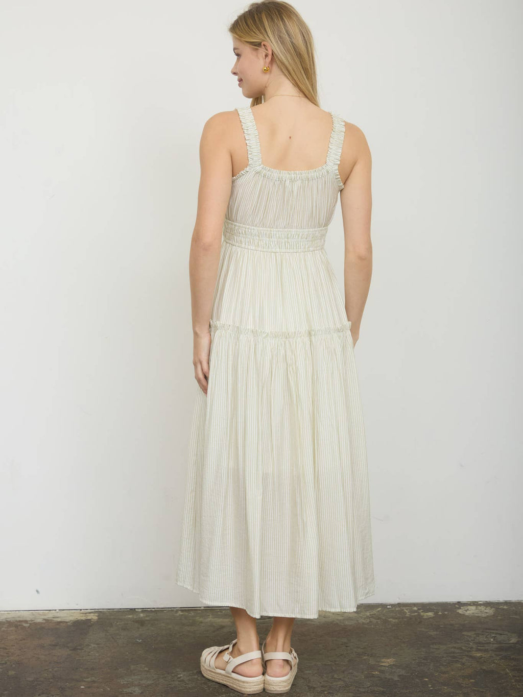 Light Olive Stripe Mock Button Sleeveless Midi Sundress