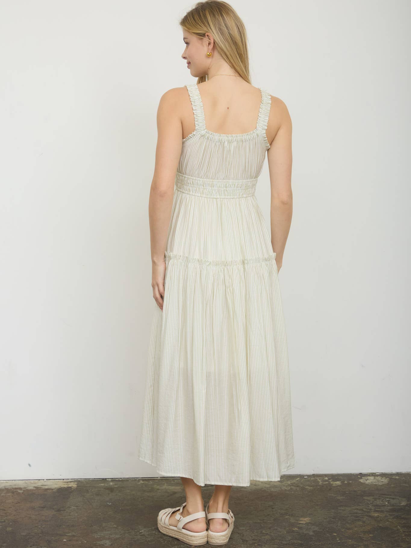 Light Olive Stripe Mock Button Sleeveless Midi Sundress