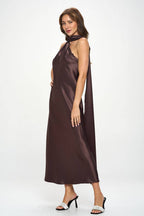 BROWN One Shoulder Satin Maxi Dress with Scarf Detail