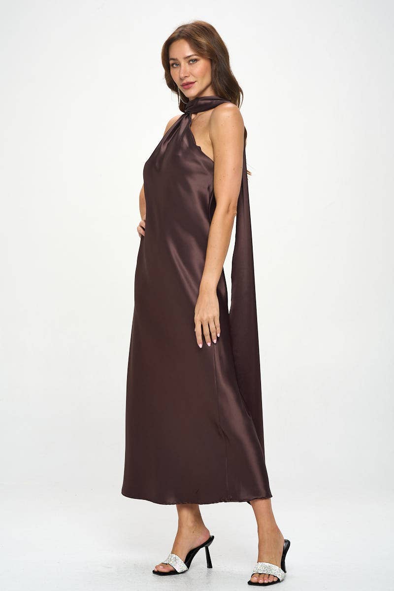 BROWN One Shoulder Satin Maxi Dress with Scarf Detail