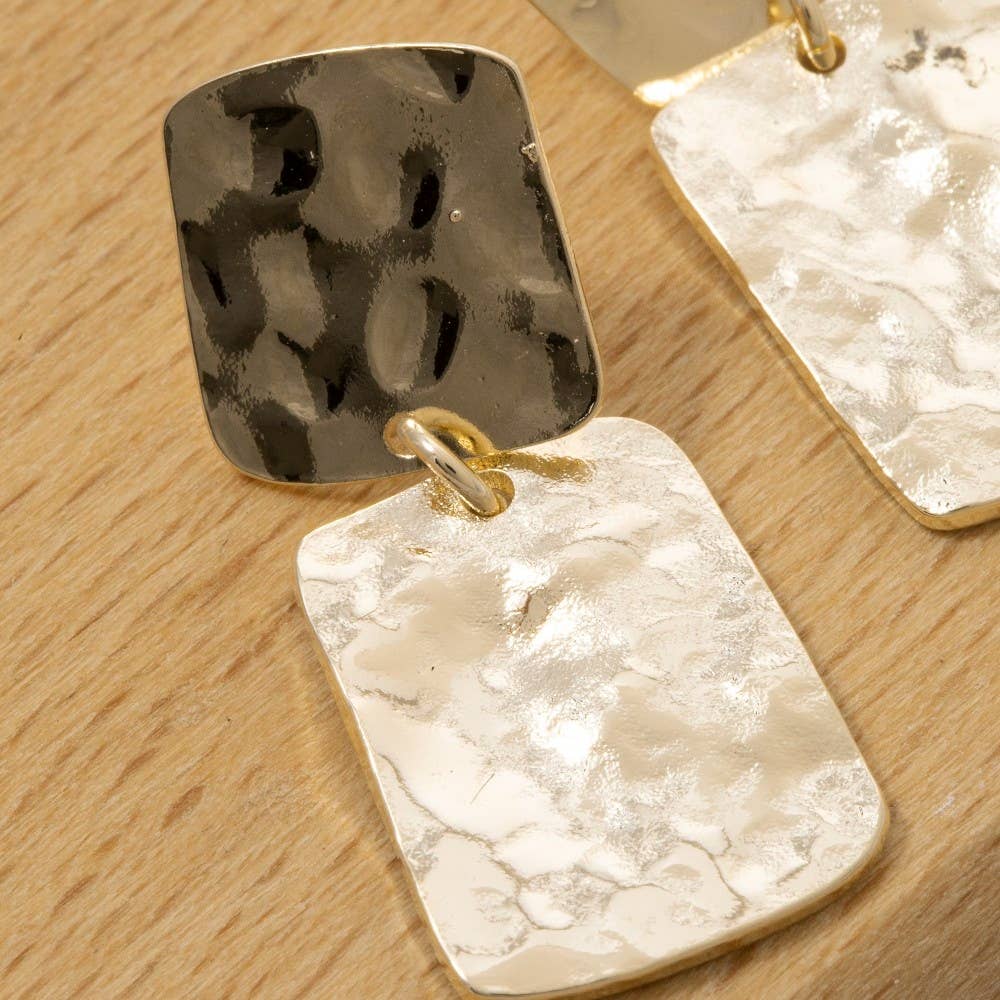 Silver Flat Hammered Squares Stud Dangle Earrings