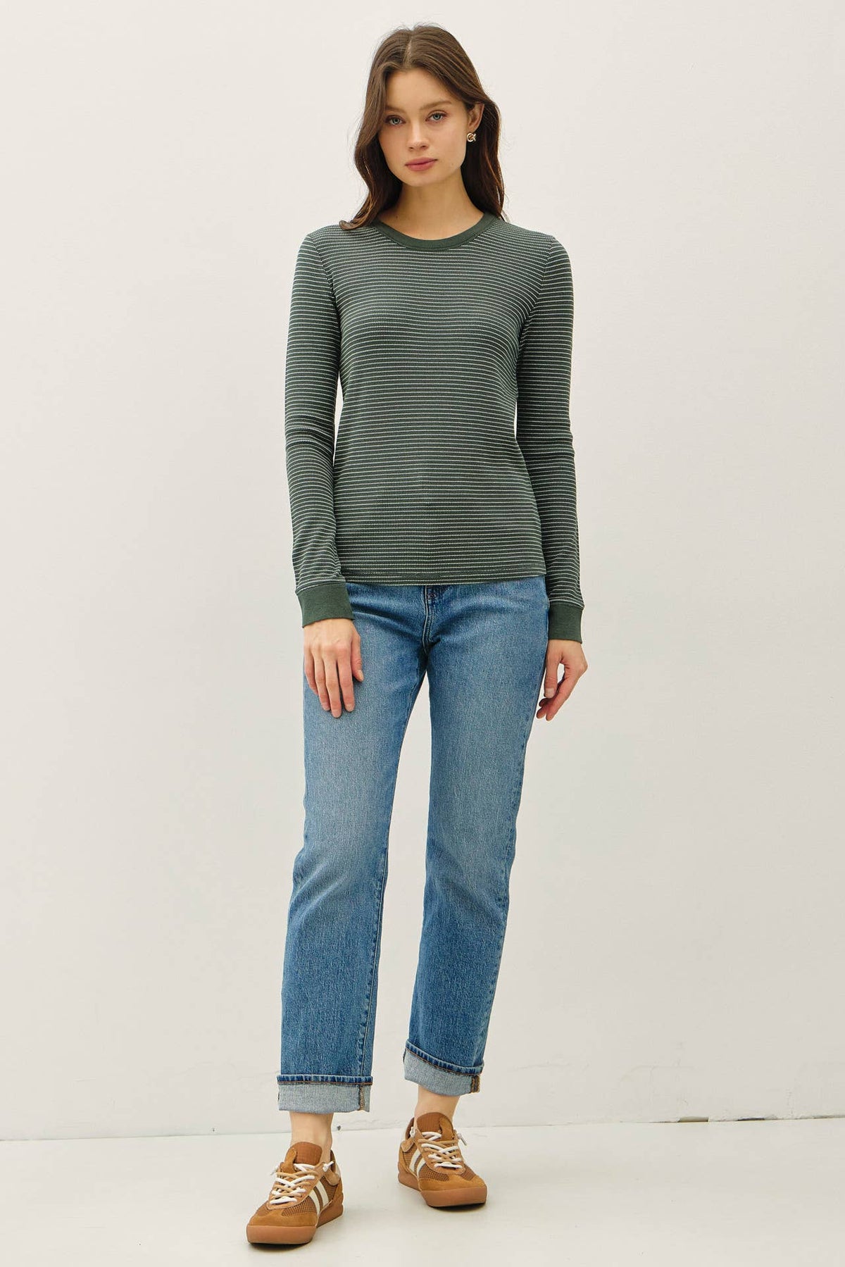 STITCHED THERMAL CREW NECK TOP: OATMEAL