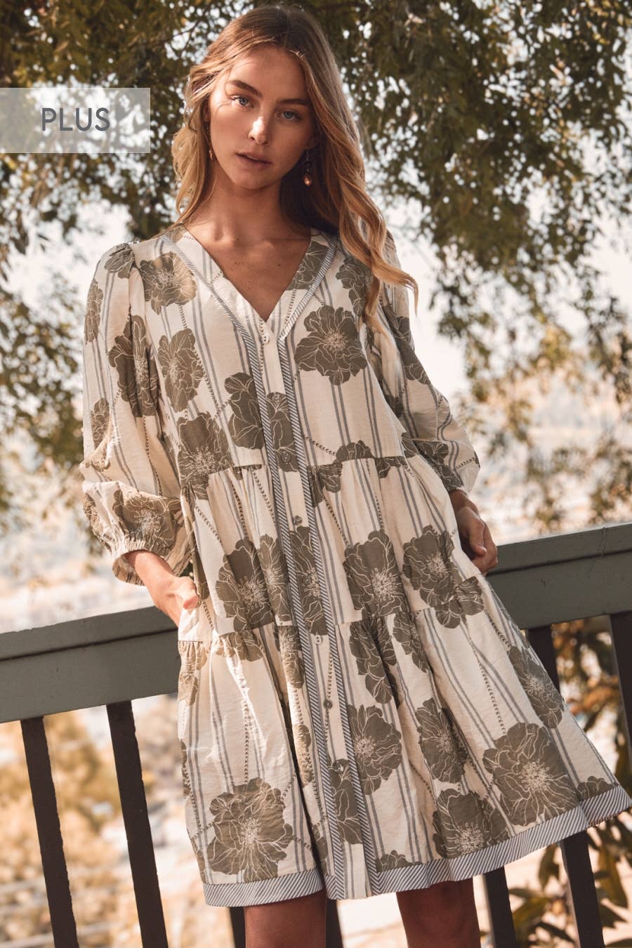 Plus SAGE Botanical Printed Pintuck Dress