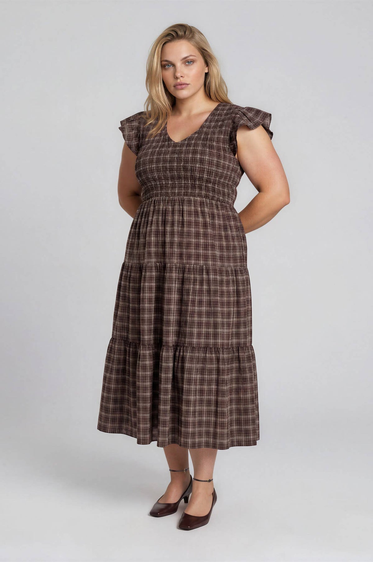 BROWN PLUS PLAID V NECK SMOCKED TIERED MIDI DRESS